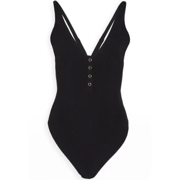 FREE PEOPLE Larissa Black Bodysuit size Medium ribbed knit - Picture 2 of 13